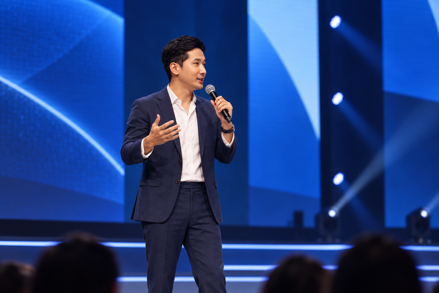 AI-staged image depicting Seldon speaking on a large stage
